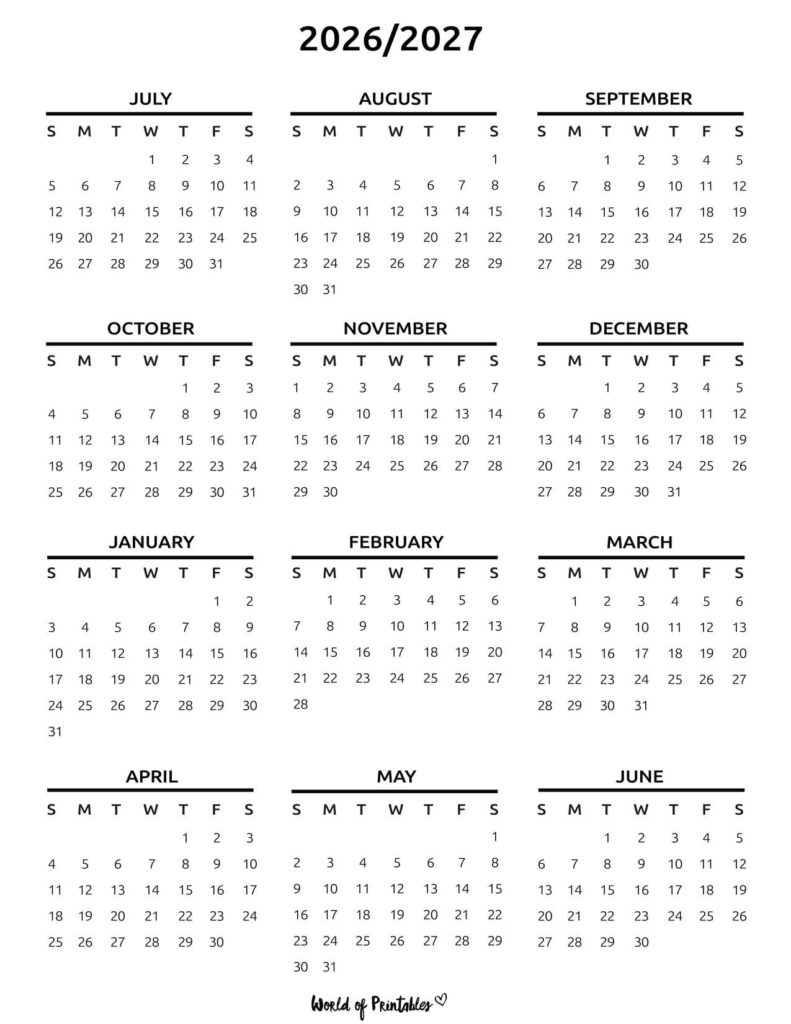 2026 2027 academic calendar simple minimalist