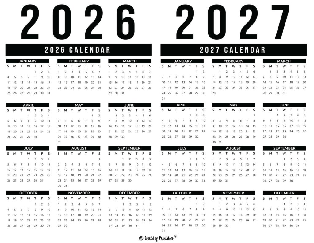 2026 2027 two year calendar black minimalist