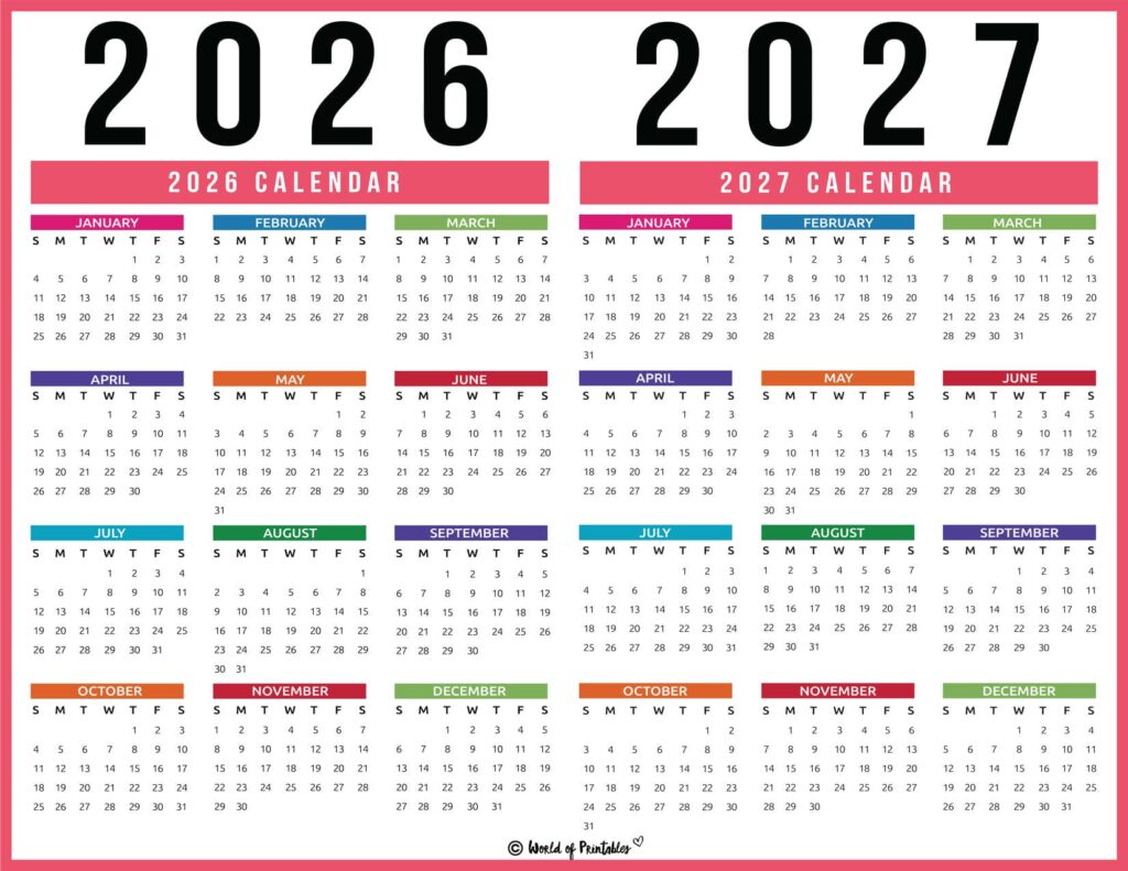 2026 2027 two year calendar colorful