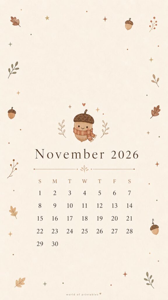 Acorn and Leaves November 2026 Phone Wallpaper