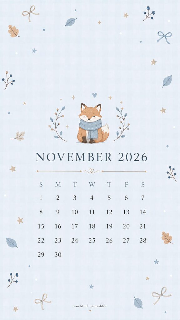 Blue Fox November 2026 Lock Screen Calendar