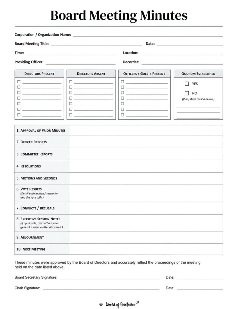 Board Meeting Minutes Template