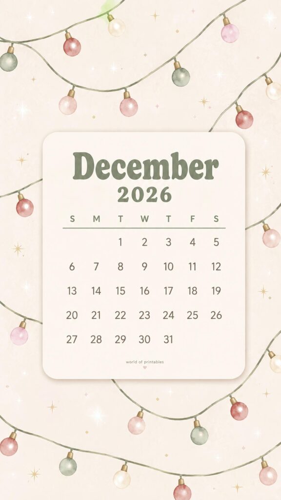 Christmas Lights December 2026 Lock Screen Calendar