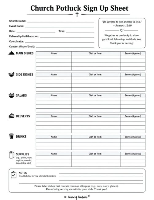 Church Potluck Sign Up Sheet