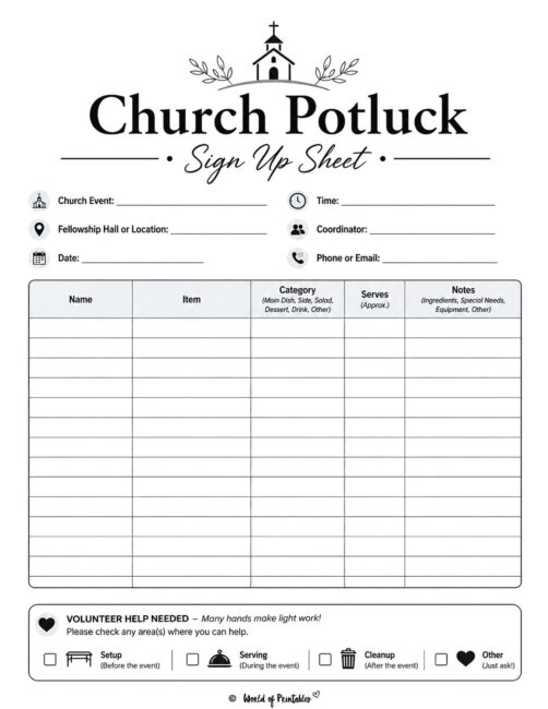 Church Potluck Sign Up Sheet