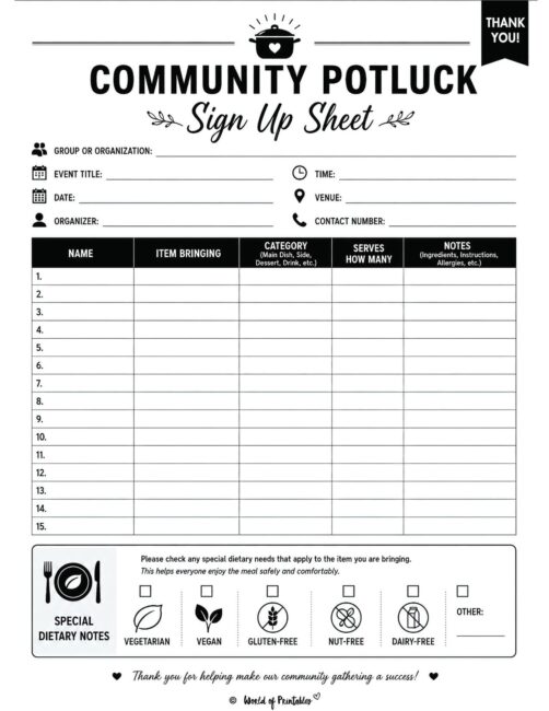 Community Potluck Sign Up Sheet