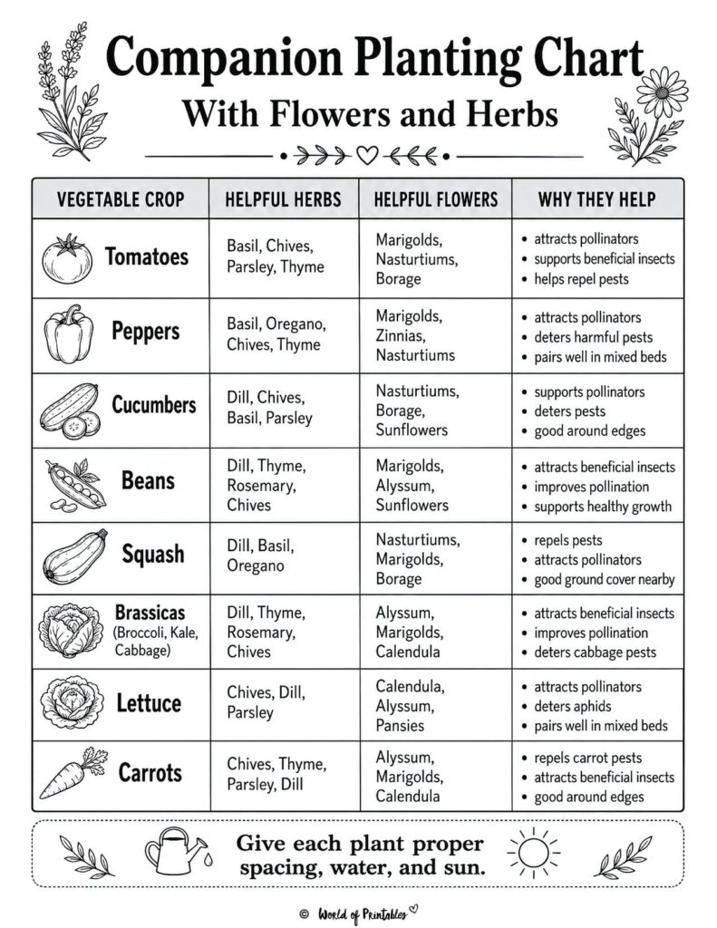 Companion Planting Chart with Flowers and Herbs