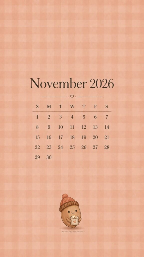 Cute Acorn November 2026 Lock Screen Calendar
