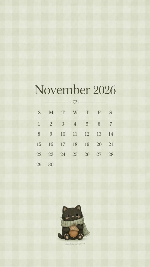 Cute Cat November Calendar Wallpaper 2026