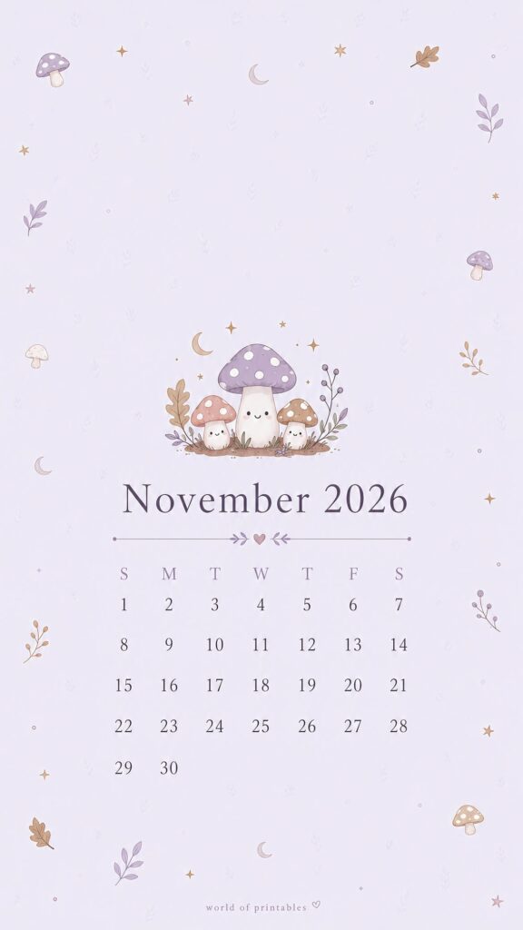 Cute Mushroom November 2026 Lock Screen Calendar