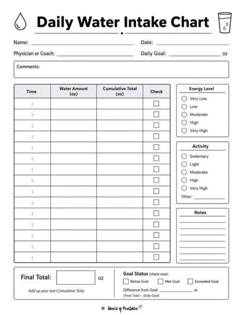 Daily Water Intake Chart