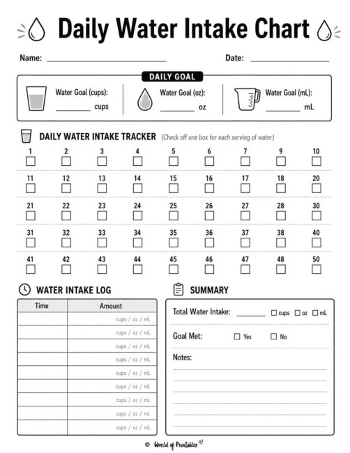 Daily Water Intake Chart