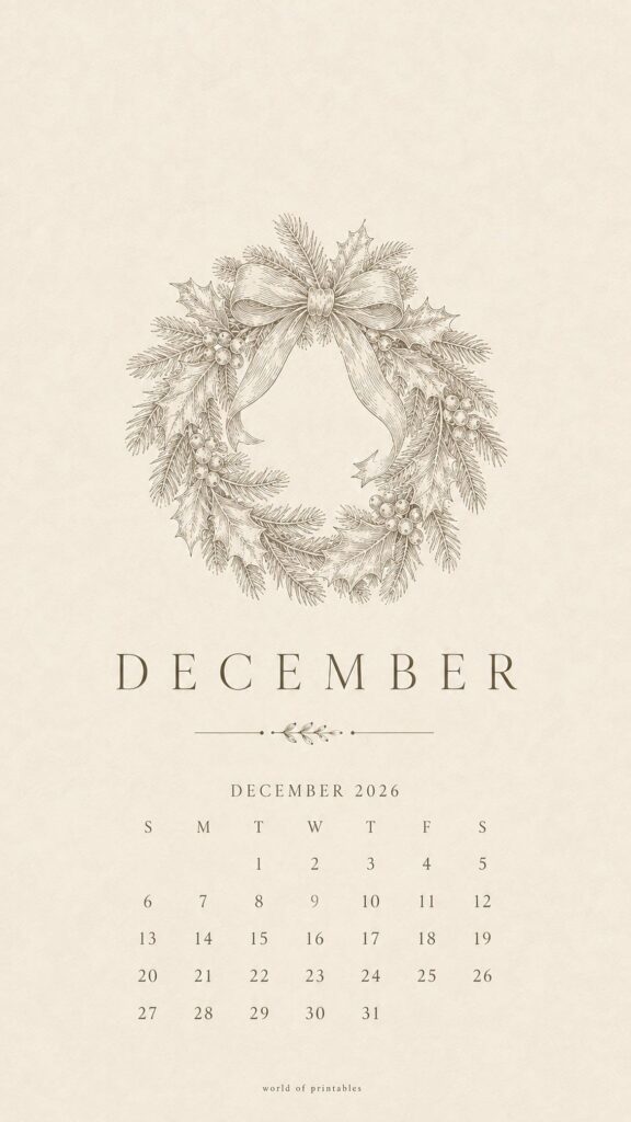 Elegant Wreath December 2026 Phone Wallpaper
