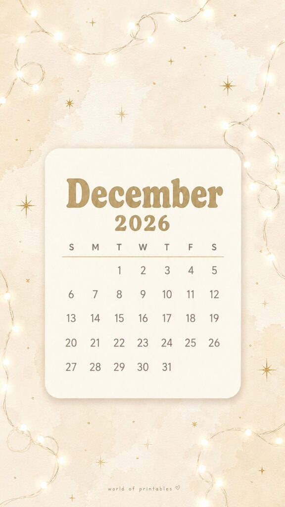 Fairy Lights December 2026 Calendar Wallpaper