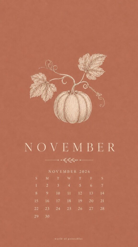 Fall Pumpkin November Calendar Wallpaper 2026