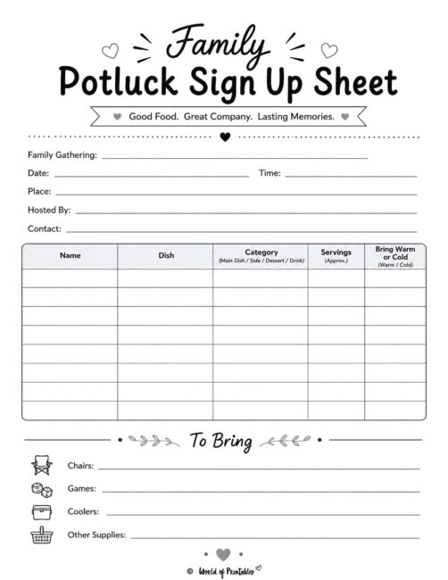 Family Potluck Sign Up Sheet