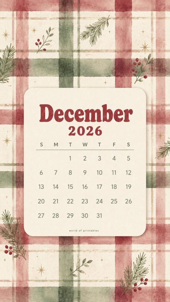 Festive Gingham December 2026 Phone Wallpaper