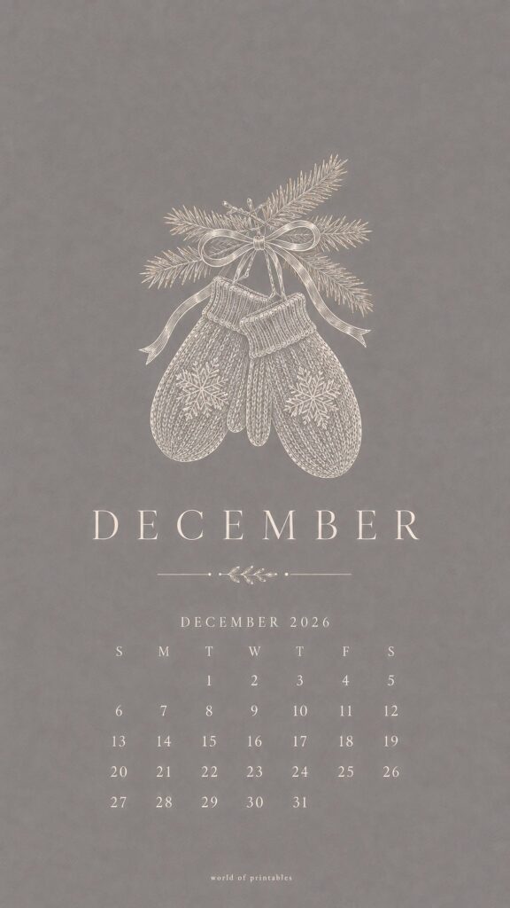 Festive Mittens December 2026 Calendar Wallpaper