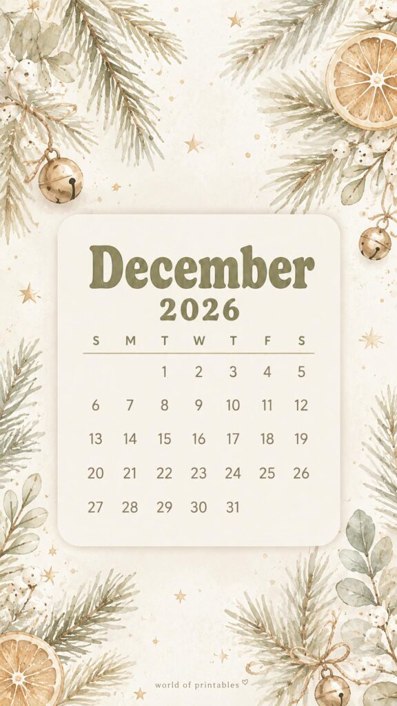 Festive and Simple December 2026 Lock Screen Calendar