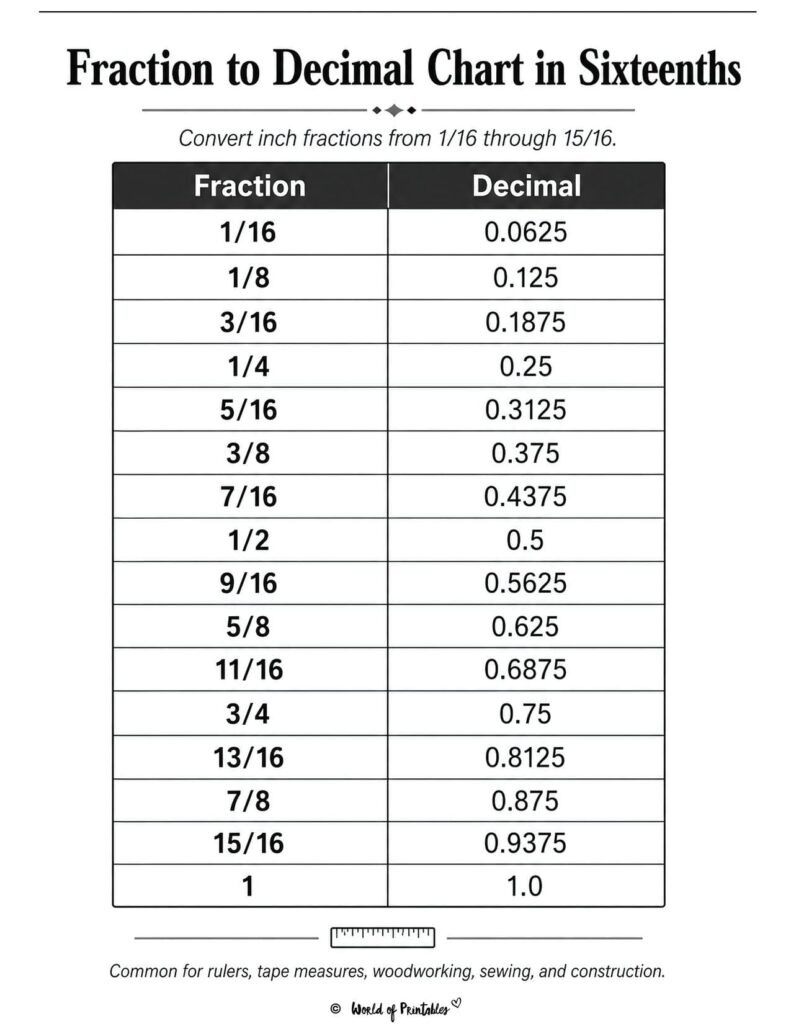 Fraction to Decimal Chart in Sixteenths