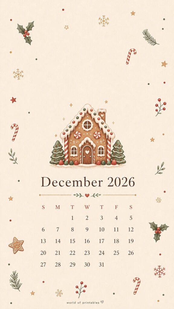 Gingerbread House December 2026 Calendar Wallpaper