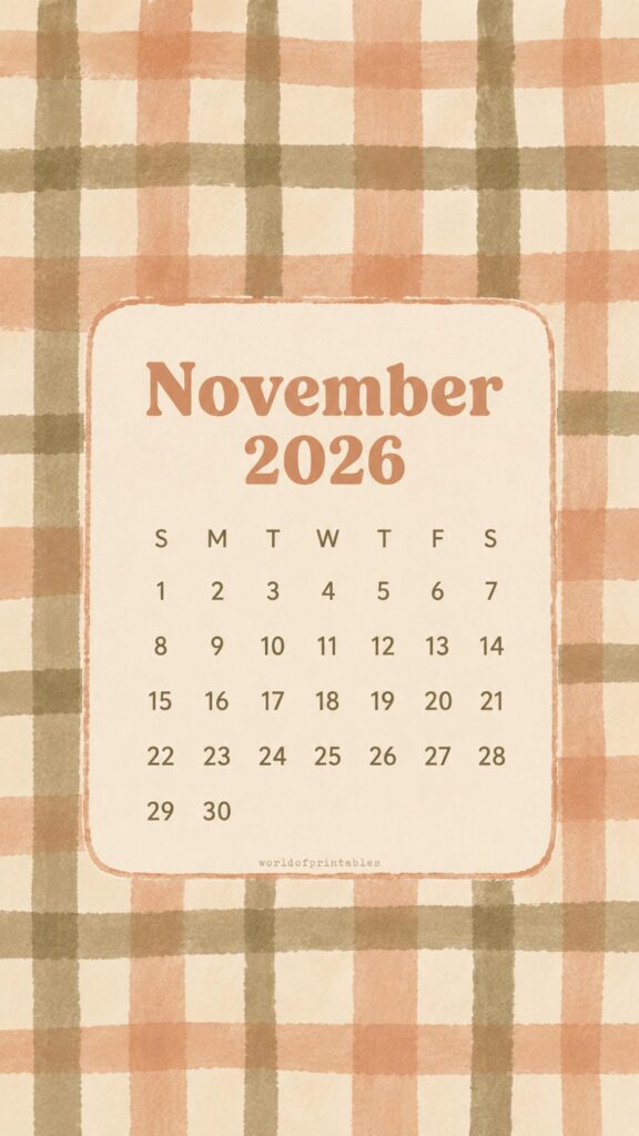 Gingham Pattern November 2026 Calendar Wallpaper