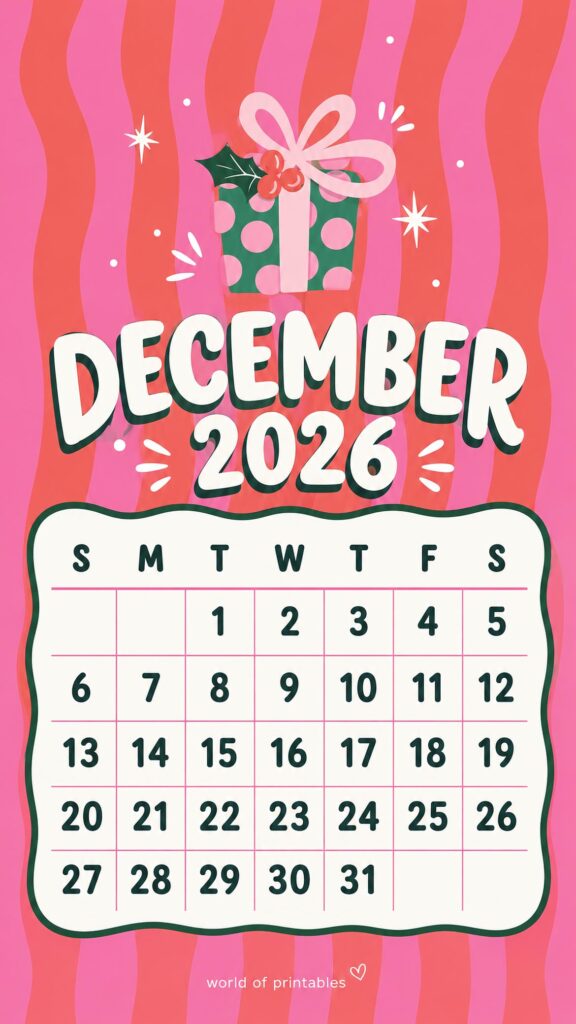 Girly December 2026 Lock Screen Calendar
