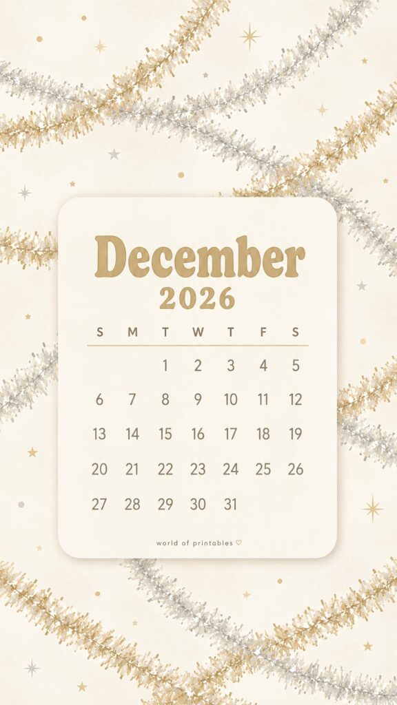 Gold and Silver Tinsel December 2026 Phone Wallpaper