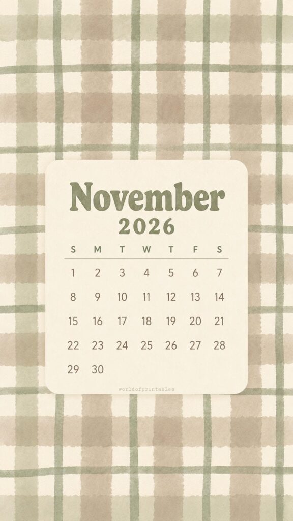 Green Gingham November 2026 Phone Wallpaper
