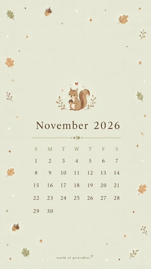 Green Squirrel November 2026 Lock Screen Calendar