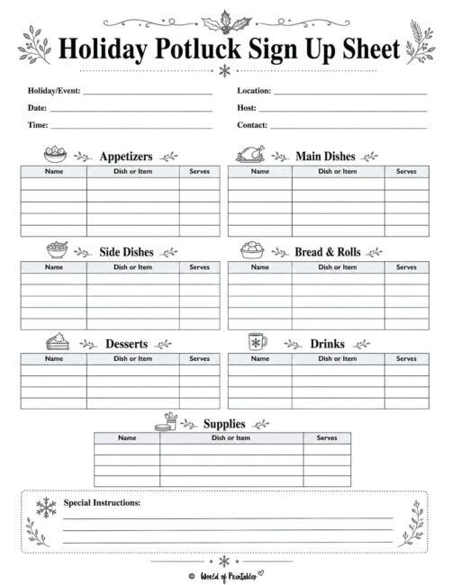 Holiday Potluck Sign Up Sheet
