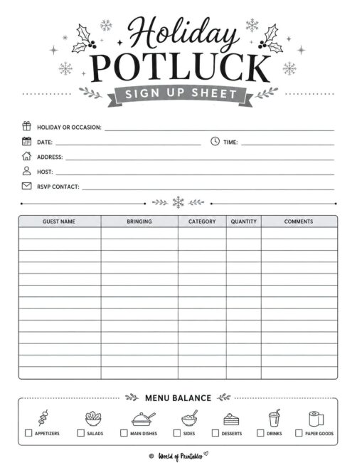 Holiday Potluck Sign Up Sheet