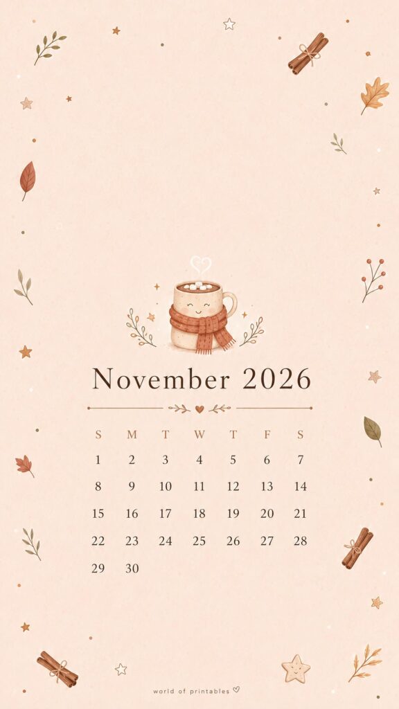 Hot Cocoa November 2026 Phone Wallpaper
