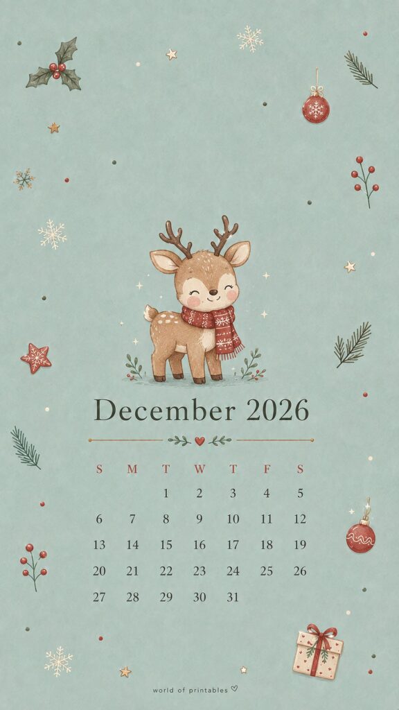 Kawaii Reindeer December 2026 Phone Wallpaper