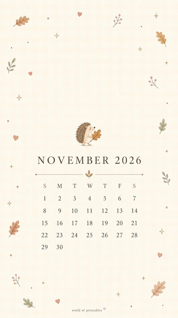 Little Hedgehog November 2026 Lock Screen Calendar