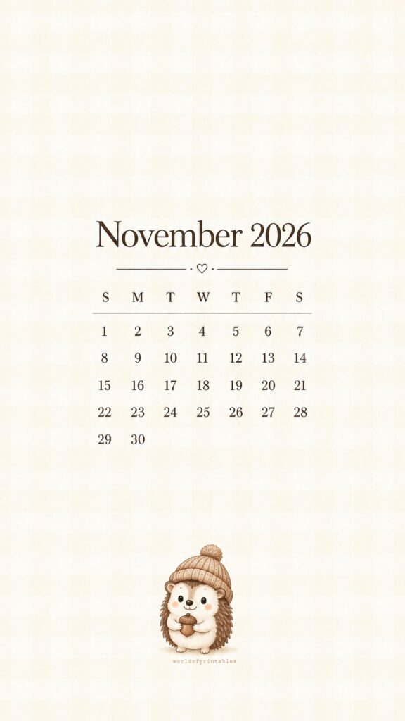Little Hedgehog November 2026 Phone Wallpaper