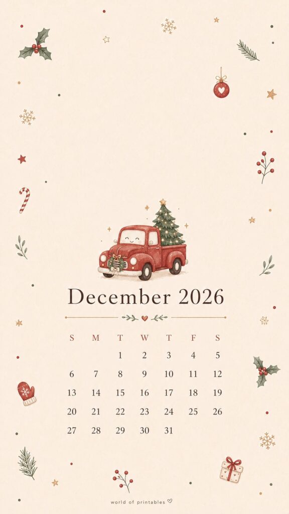 Little Red Truck with Christmas Tree December 2026 Calendar Wallpaper