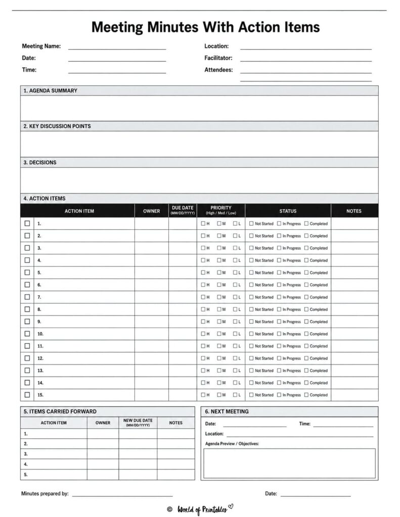 Meeting Template Minutes with Action Items
