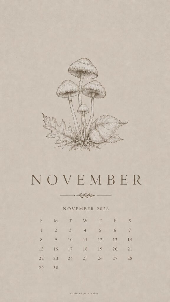 Minimalist Mushroom November 2026 Phone Wallpaper