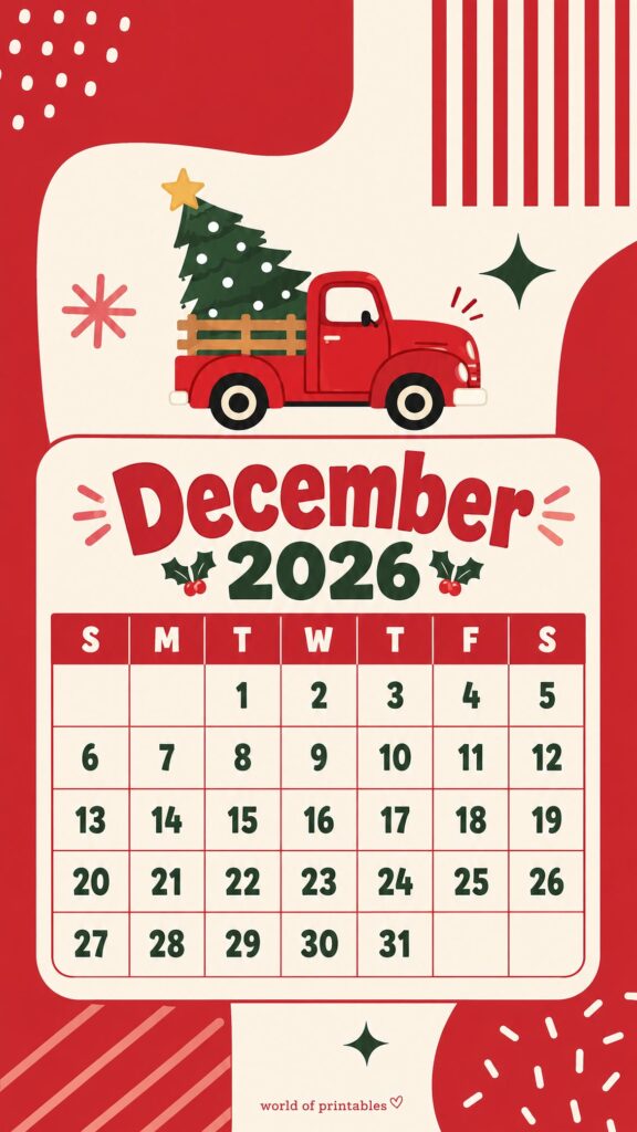 Modern Christmas Red Truck December 2026 Phone Wallpaper