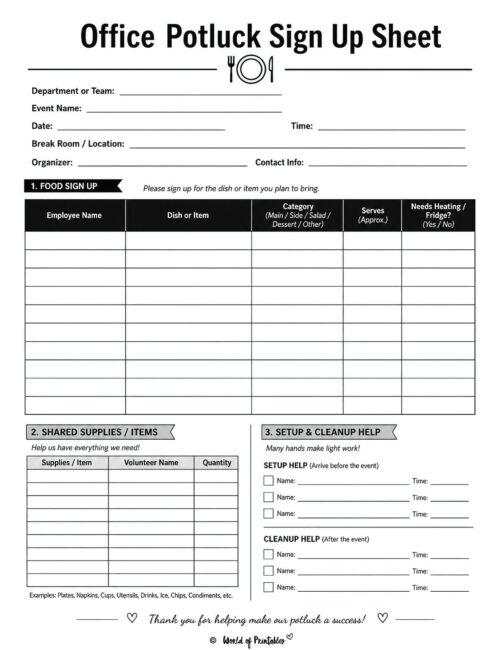 Office Potluck Sign Up Sheet