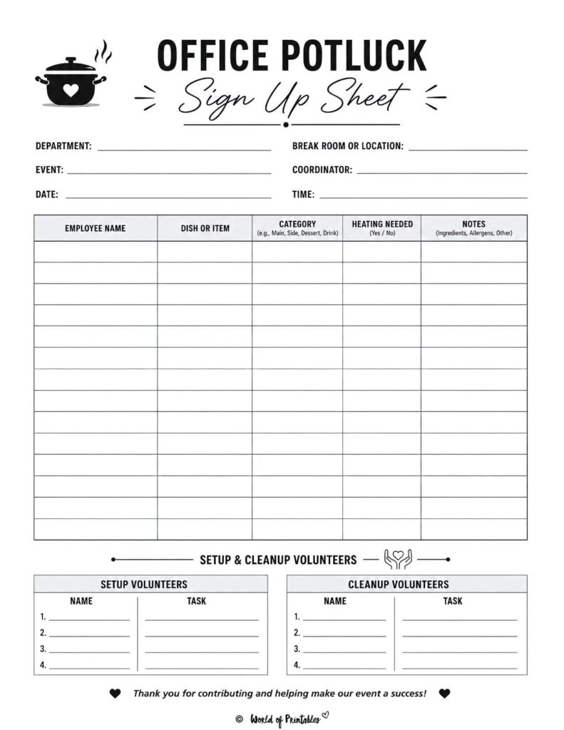Office Potluck Sign Up Sheet