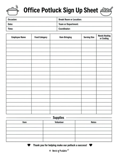 Office Potluck Signup Sheet