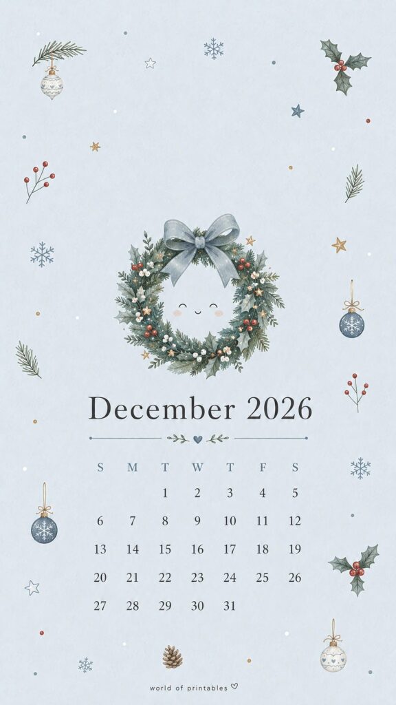 Pale Blue Festive Wreath December 2026 Phone Wallpaper