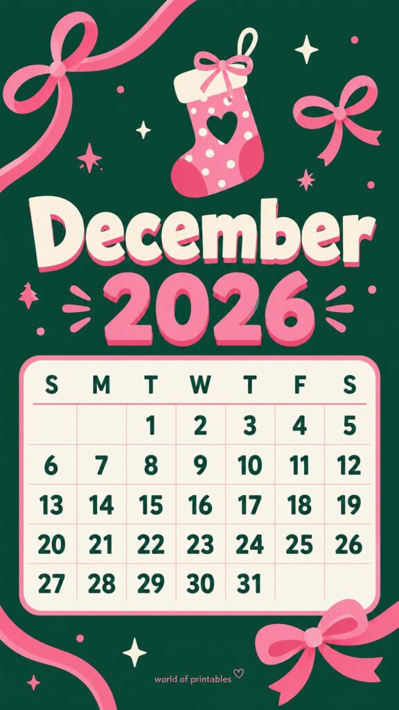 Pink and Green Stocking December 2026 Calendar Wallpaper