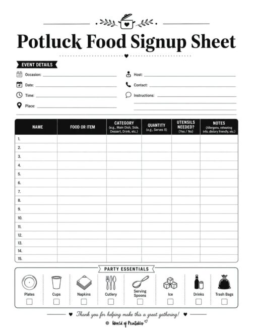Potluck Food Sign Up Sheet