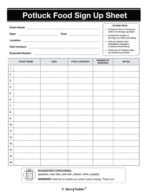 Potluck Food Sign Up Sheet