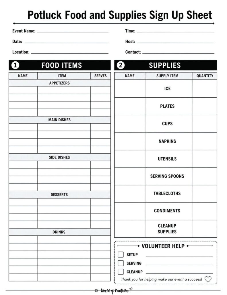 Potluck Food and Supplies Sign Up Sheet