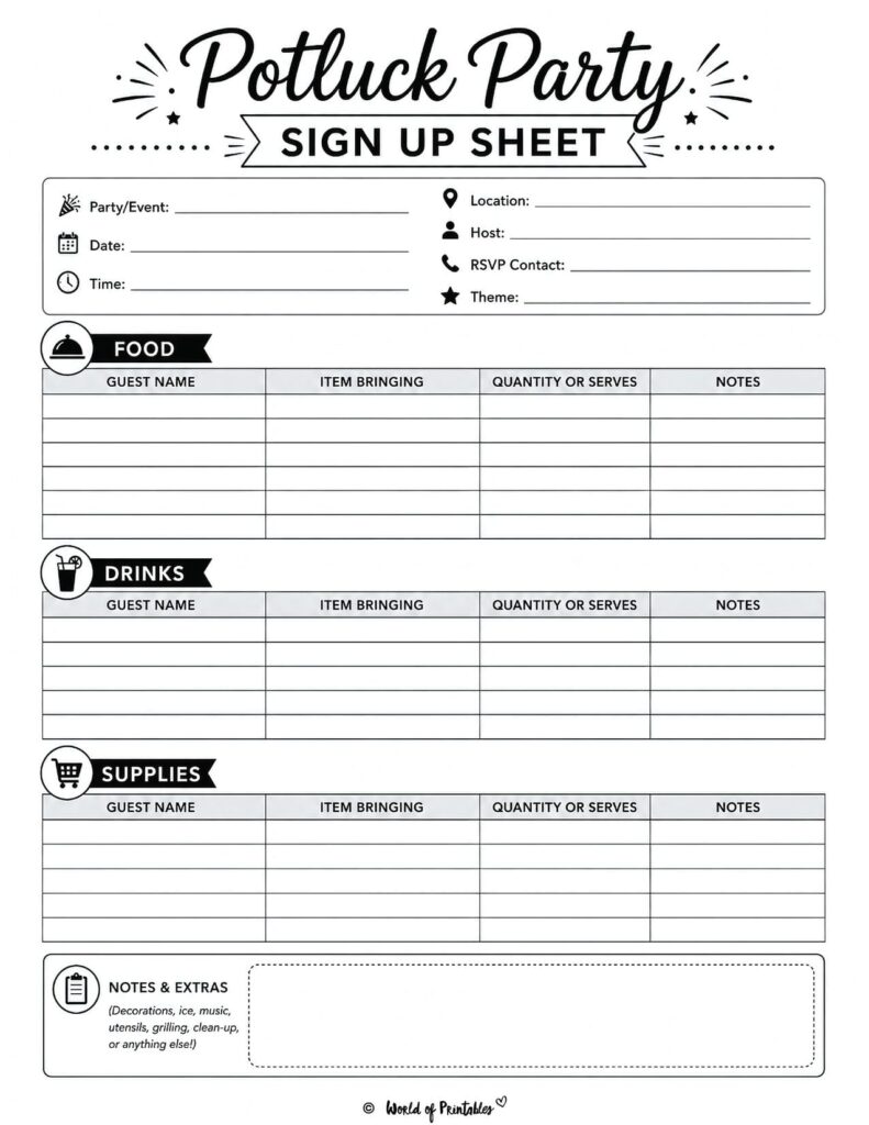 Potluck Party Sign Up Sheet