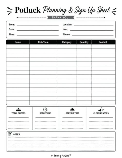 Potluck Planning and Sign Up Sheet